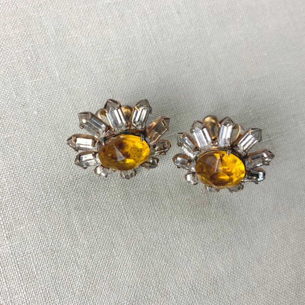 Vintage Sterling Silver Crystal Rhinestones Daisy Earrings Screw Back - Picture 8 of 16